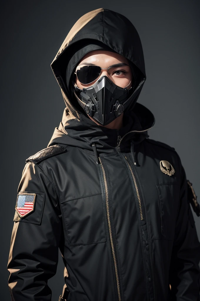 A bullet-proof military outfit, with a worm skull mask wearing a hood with the black costume