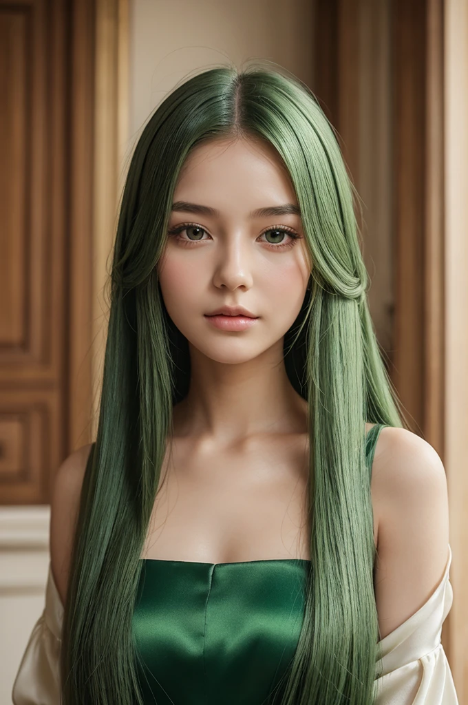 a girl, Europe, long straight hair , green hair, gentle and gentle, Charming , plump face, silk dress 