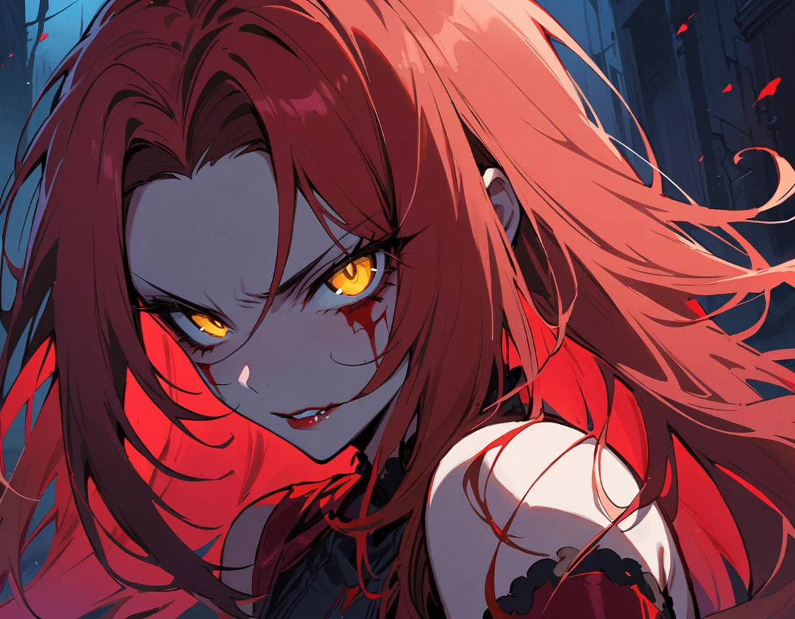 Long red hair, yellow eyes, evil, sexy, black and red clothes, cute hairstyle, evil face, evil, serious look, black face mask, gloss lips, sinister, front look, bloody, gloves, close up, portrait, beautiful eyes, short dress, big white, dark place, night, sensual, straigh hair cut, clear skin, evil, young 30 years girl, adult girl, solo, red, very long hair,