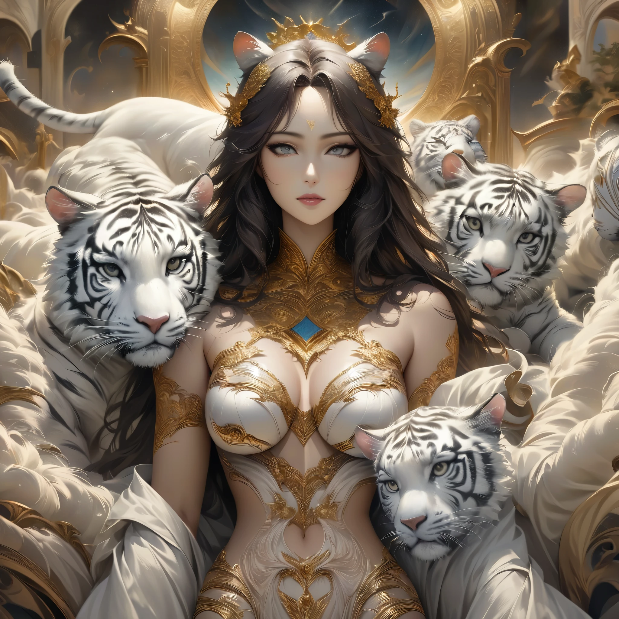 [intricate and detailed masterpiece of a goddess, realistic 4k image], the goddess is of human-feline race, she is decorated with intricate tiger tattoos, wearing a celestial outfit with golden embroidery, ( accompanied by her faithful companion the white tiger) in a heavenly place