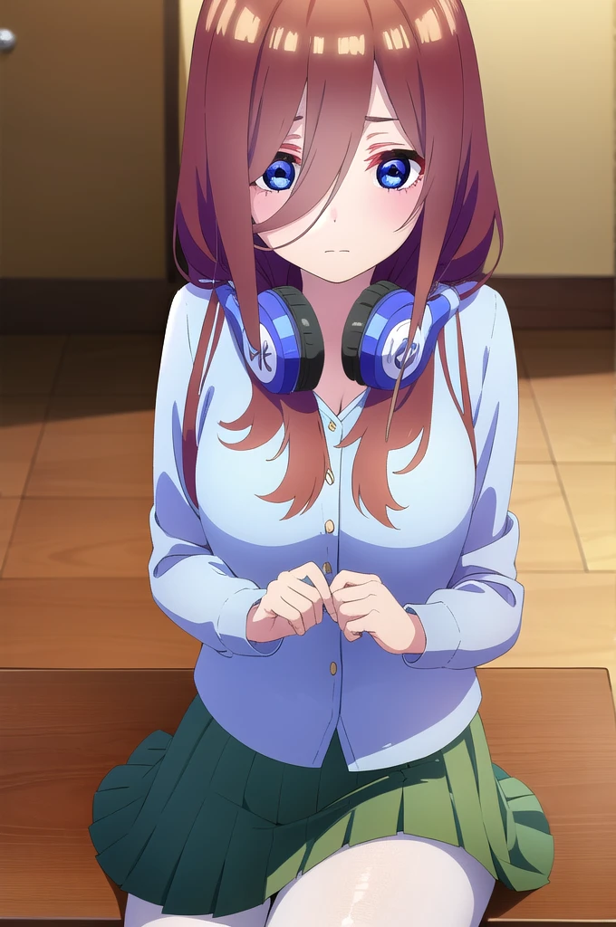 mikunakano, miku nakano, long hair, bangs, blue eyes, brown hair, shirt, hair between eyes, headphones, cardigan, headphones around neck, BREAK skirt, shirt, long sleeves, white shirt, pantyhose, pleated skirt, black pantyhose, green skirt, BREAK indoors, classroom,school, BREAK looking at viewer, BREAK (masterpiece:1.2), best quality, high resolution, unity 8k wallpaper, (illustration:0.8), (beautiful detailed eyes:1.6), extremely detailed face, perfect lighting, extremely detailed CG, (perfect hands, perfect anatomy),