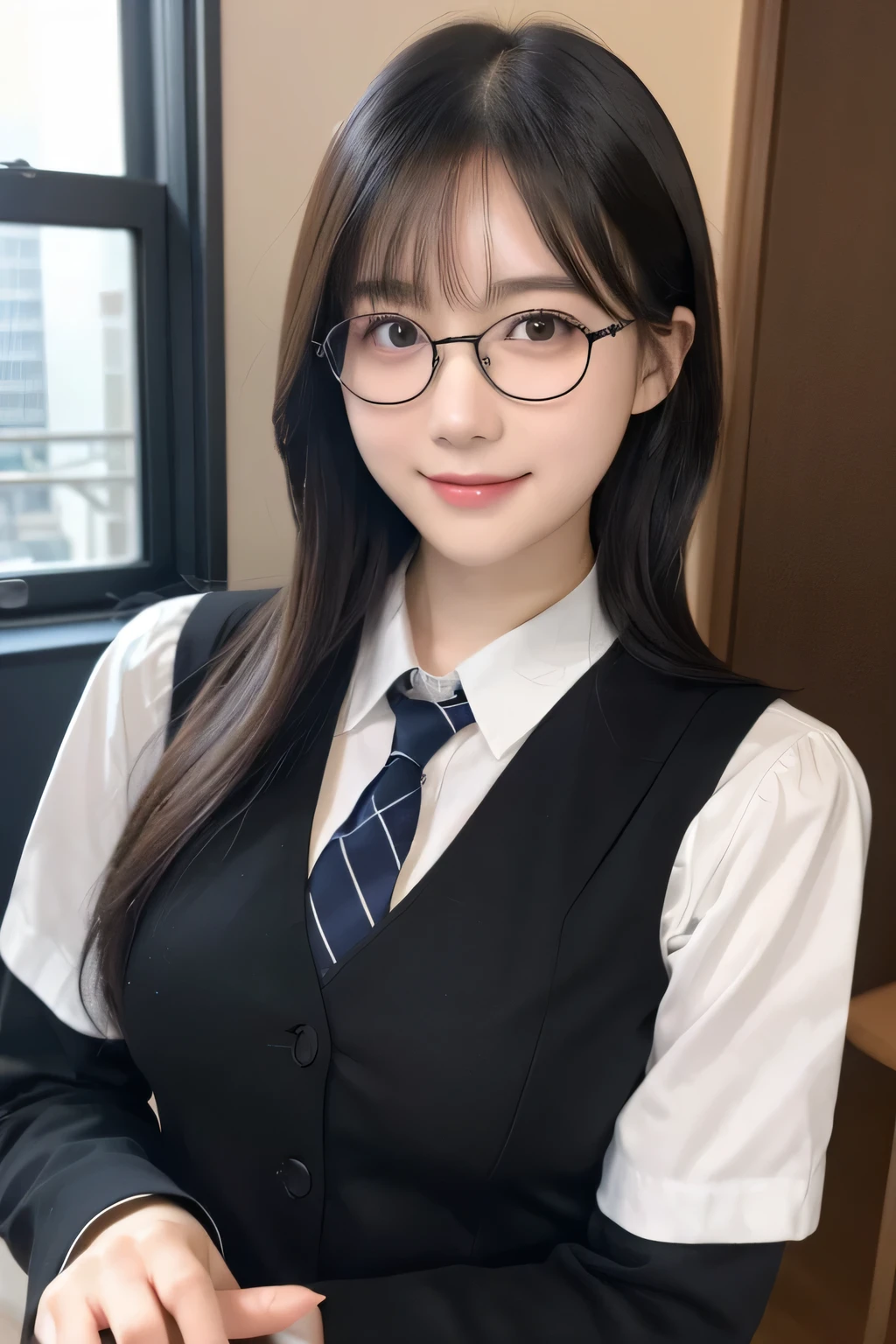 Private High School Uniforms、Well-shaped glasses、short hair、beautiful girl、beautifulディテールまでこだわった目、 venue、Highest quality, 超High resolution, (reality: 1.2), Cinema Lighting、(Japanese Girls)、 beautiful、beautiful肌、(Looking at the audience)、(Surreal)、(High resolution)、(8K)、(Very detailed)、(beautifulディテール)、(Very detailed)、 (wallpaper)、Detailed face、Bright lighting、Professional Lighting、smile、Highest quality、 masterpiece、超High resolution、(reality的:1.3)、RAW Photos、1 Girl、Black Hair、Glowing Skin、((Ultra-reality的 Details))、Portraiture、Global Illumination、Shadow、Octane Rendering、Ultra Sharp、Metal、Cool colors、、Very intricate detail、reality的 Light、smile