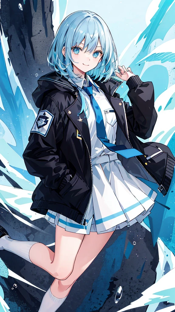 ((top-quality)), ((masterpiece)), ((Ultra-detail)), (extremely delicate and beautiful), girl with, solo, cold attitude,((Black jacket)),She is very(relax)with the(Settled down)Looks,A darK-haired, depth of fields,evil smile,Bubble, under the water, Air bubble,bright light blue eyes,Inner color with light blue hair and dark blue tips,Cold background,Bob Hair - Linear Art, shortpants、knee high socks、White uniform like 、Light blue ribbon ties、Clothes are sheer、Hands in pockets