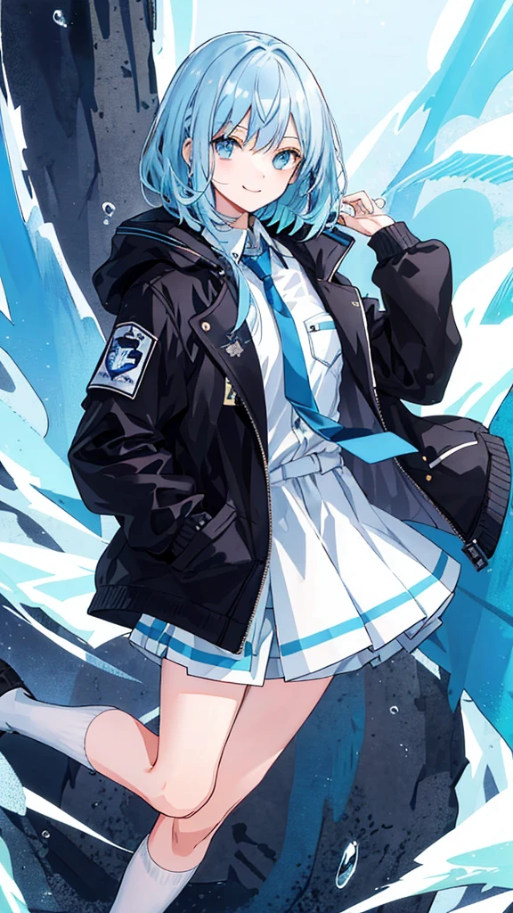 ((top-quality)), ((​masterpiece)), ((Ultra-detail)), (extremely delicate and beautiful), girl with, solo, cold attitude,((Black jacket)),She is very(relax)with  the(Settled down)Looks,A darK-haired, depth of fields,evil smile,Bubble, under the water, Air bubble,bright light blue eyes,Inner color with light blue hair and dark blue tips,Cold background,Bob Hair - Linear Art, shortpants、knee high socks、White uniform like 、Light blue ribbon ties、Clothes are sheer、Hands in pockets