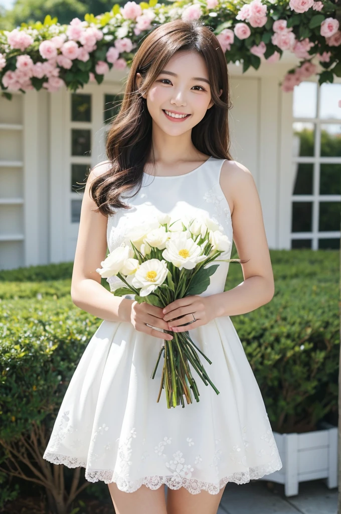 Girl with flowers in hand，With a smile, With flowers, Gveiz, She expressed her joy, Beautiful and smiling, Laugh gently, Cute smile, 美しいWith a smile, Happy and cheerful expression, And she laughs，very happy, Gveiz-style artwork、White flower、White Dress