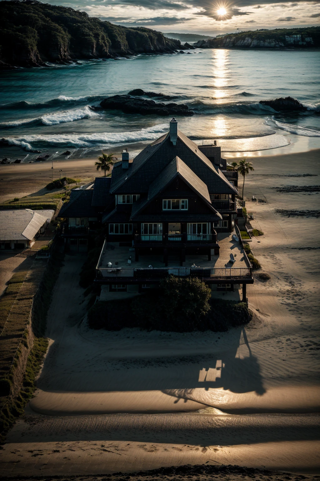 Dark Luxury House on a Beach, realistic, Sun goes Down, Perfect House, wenig wellen