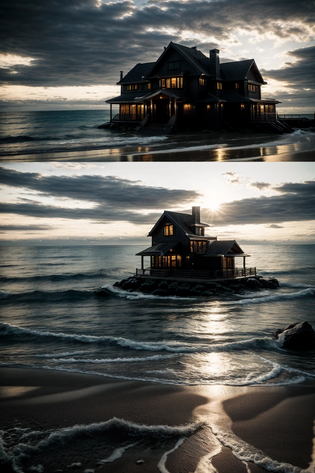 Dark Luxury House on a Beach, realistic, Sun goes Down, Perfect House, wenig wellen