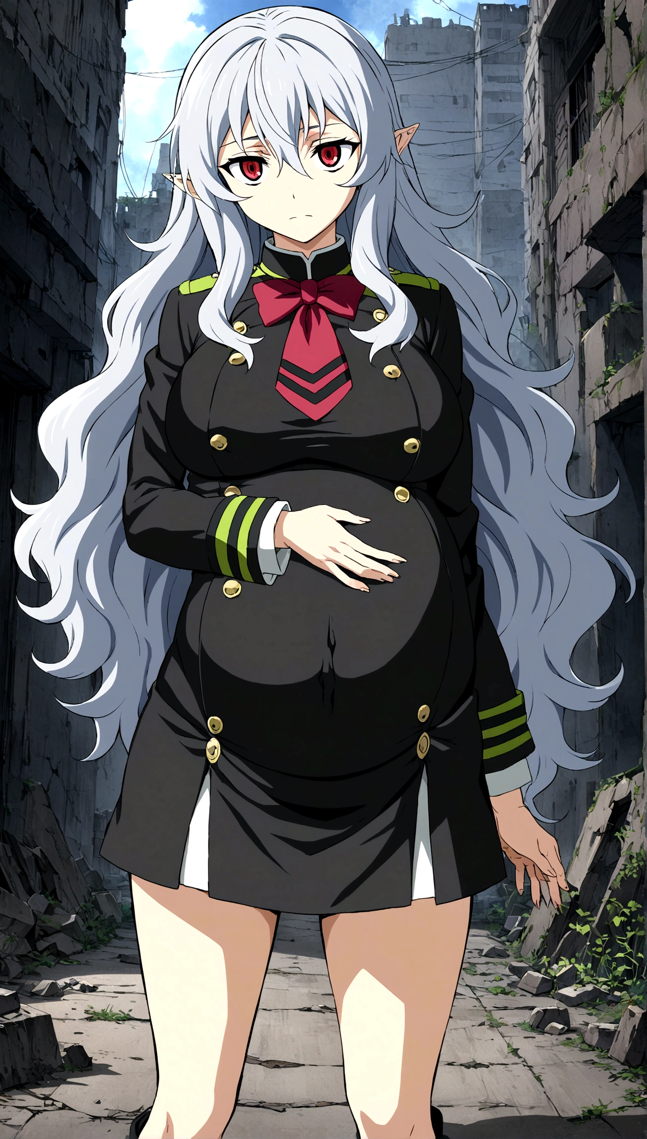 Anime. Owari no Seraph. 1 Girl. Expensive . A vampire. Clumsy mother. Pregnant. Silver hair. Wavy hair. Long hair. Red eyes. Beautiful eyes. Perfect eyes. Expressive eyes. Ideal face. Perfect body. Beautiful long ones. legs. Beautiful nose. 18 years. Big breasts. Standing. Full height. Beautiful character design. Shiny skin. Pointy ears. Ancestor Uniform Dress from Owari no Seraph. She's having contractions. Her water broke. Ruins of Tokyo. In the middle of an abandoned city street. Whole body. NSF. Official art. Extremely detailed CG Unity 8k wallpaper. Ideal lighting. Ultra high resolution 4K. Super detailed 8K. A high resolution.