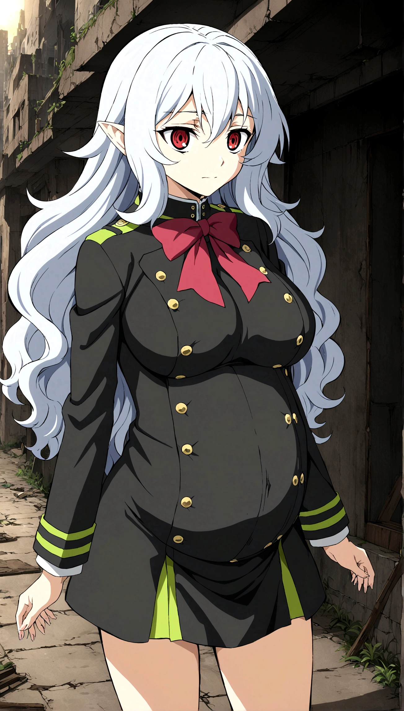 Anime. Owari no Seraph. 1 Girl. Expensive . A vampire. Clumsy mother. Pregnant. Silver hair. Wavy hair. Long hair. Red eyes. Beautiful eyes. Perfect eyes. Expressive eyes. Ideal face. Perfect body. Beautiful long ones. legs. Beautiful nose. 18 years. Big breasts. Standing. Full height. Beautiful character design. Shiny skin. Pointy ears. Ancestor Uniform Dress from Owari no Seraph. She's having contractions. Her water broke. Ruins of Tokyo. In the middle of an abandoned city street. Whole body. NSF. Official art. Extremely detailed CG Unity 8k wallpaper. Ideal lighting. Ultra high resolution 4K. Super detailed 8K. A high resolution.