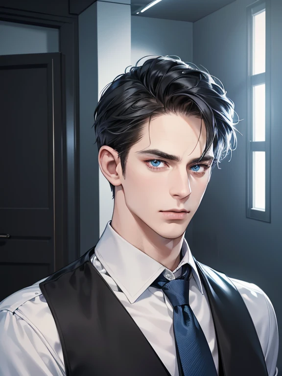 (best quality, masterpiece, 8K, photorealistic, cinematic lighting, hdr image, ultra detailed, beautiful image), 1 man, 31 years old, man, very handsome, (without expression, serious), short black hair, blue eyes ( penetrating gaze), imposing posture, businessman, office background