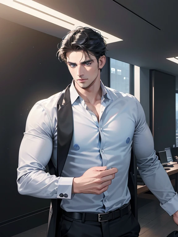 (best quality, masterpiece, 8K, photorealistic, cinematic lighting, hdr image, ultra detailed, beautiful image), 1 man, 31 years old, mature man, very handsome, (without expression, serious), short black hair, blue eyes ( penetrating gaze), imposing posture, businessman, office background
