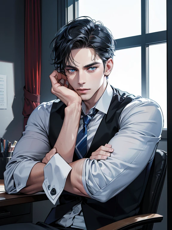 (best quality, masterpiece, 8K, photorealistic, cinematic lighting, hdr image, ultra detailed, beautiful image), 1 man, 31 years old, mature man, very handsome, (without expression, serious), short black hair, blue eyes ( penetrating gaze), imposing posture, businessman, office background