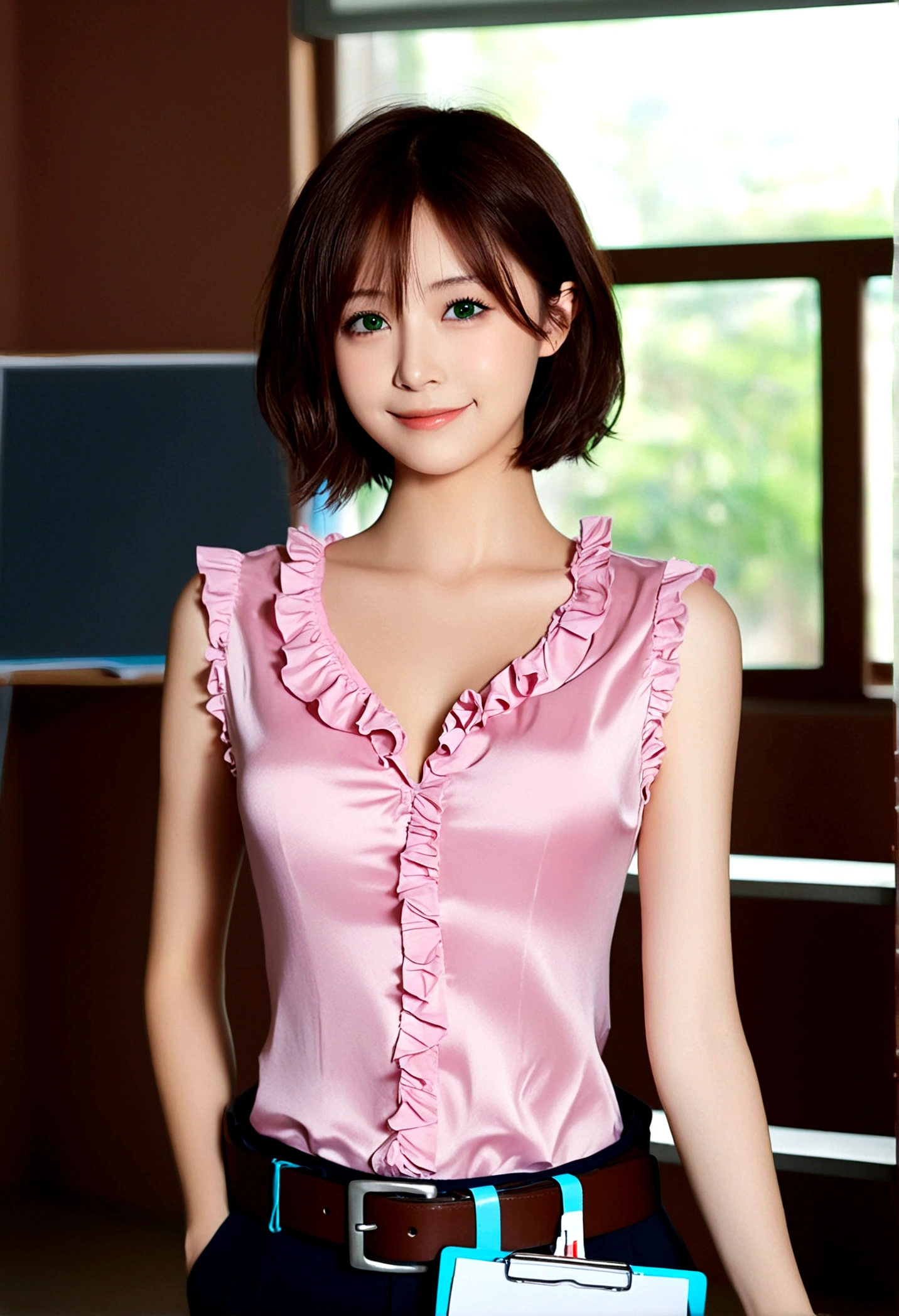 1 Girl, Solitary, breast, Looking at the audience, Smile, short hair, large breast, Brown hair, shirt, Keep, cleveage, Green Eyes, clavicle, Ruffles, sleeveless, belt, indoors, sleeveless shirt, pink shirt, clipboard