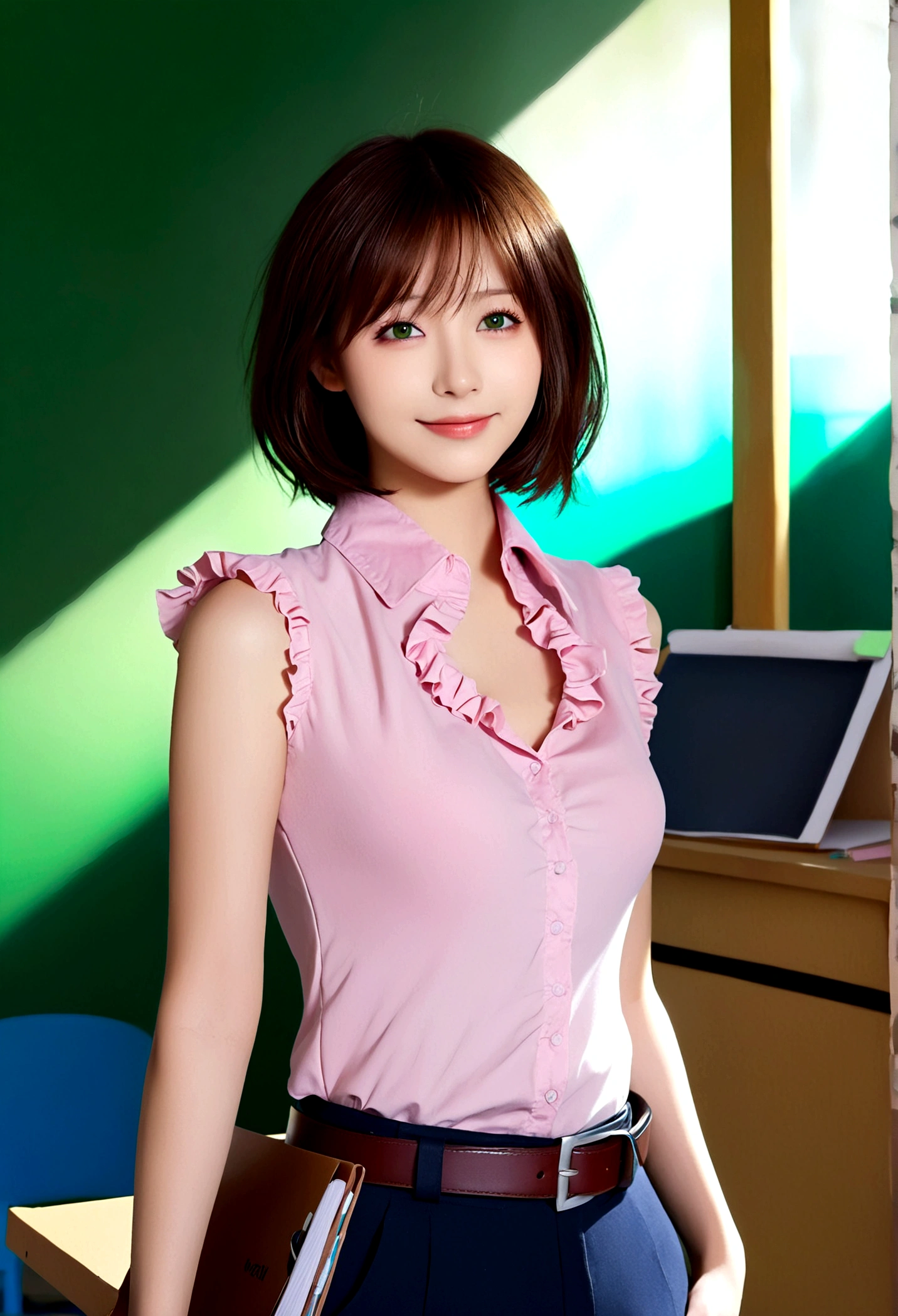 1 Girl, Solitary, breast, Looking at the audience, Smile, short hair, large breast, Brown hair, shirt, Keep, cleveage, Green Eyes, clavicle, Ruffles, sleeveless, belt, indoors, sleeveless shirt, pink shirt, clipboard
