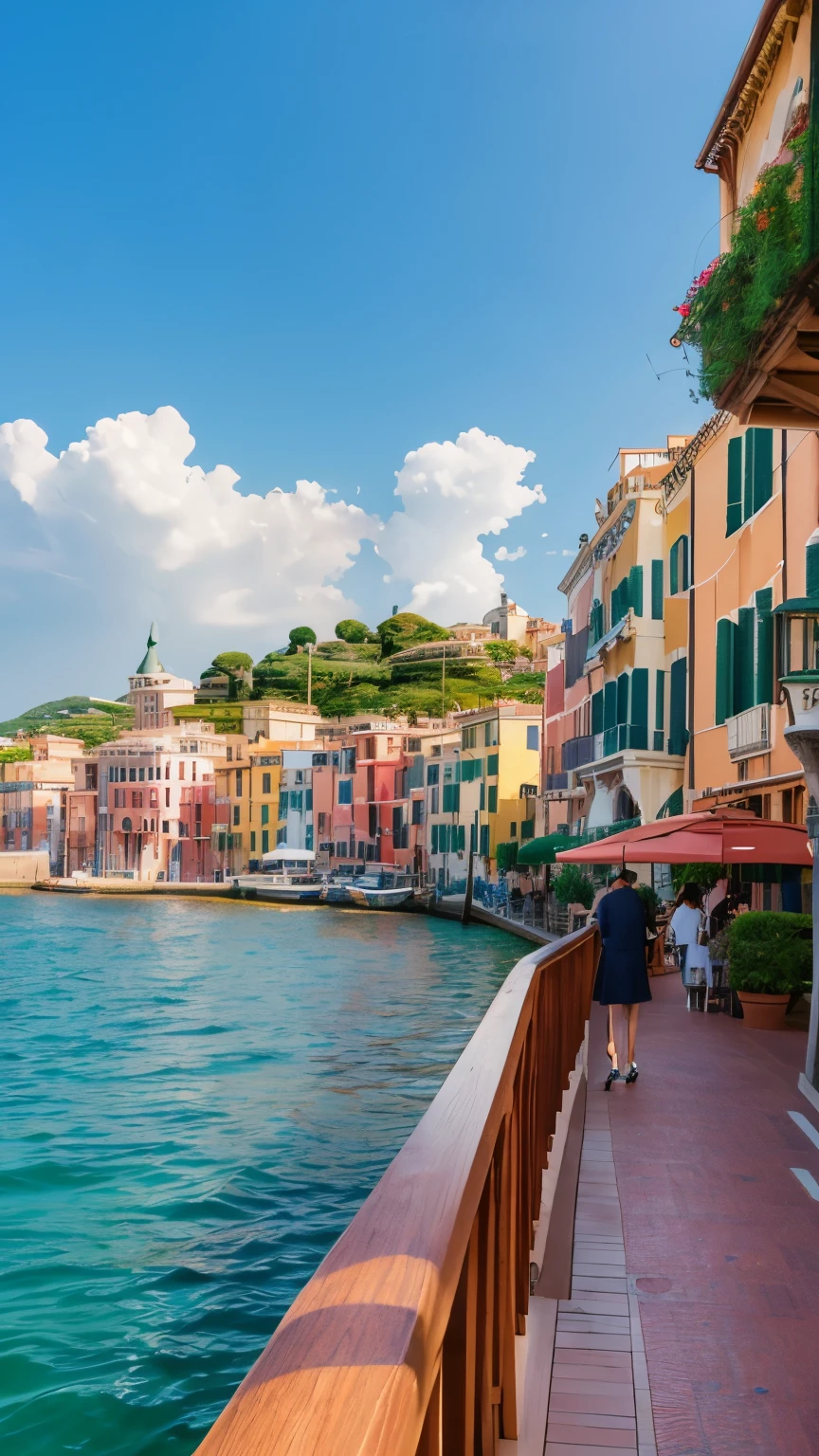 Mediterranean Harbor at Tokyo DisneySea、Portofino, Italy、Venetian cityscape。A view of the cityscape from a cafe terrace along the waterway。You can see gondolas on the waterway.。high quality。