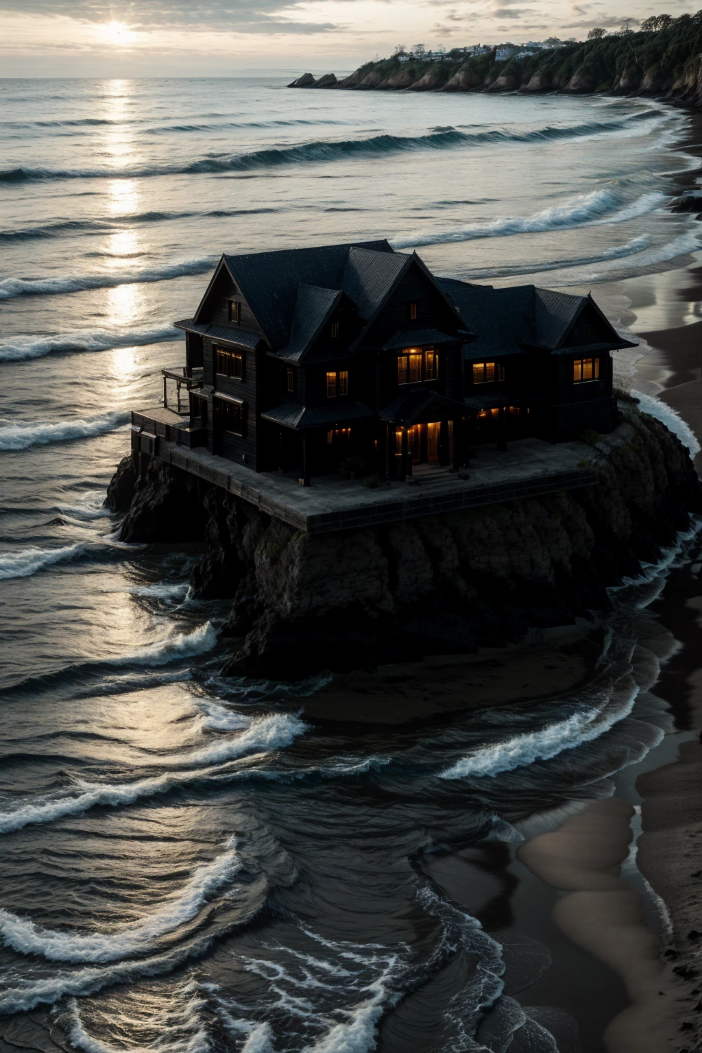 Dark Luxury House on a Beach, realistic, Sun goes Down, Perfect House