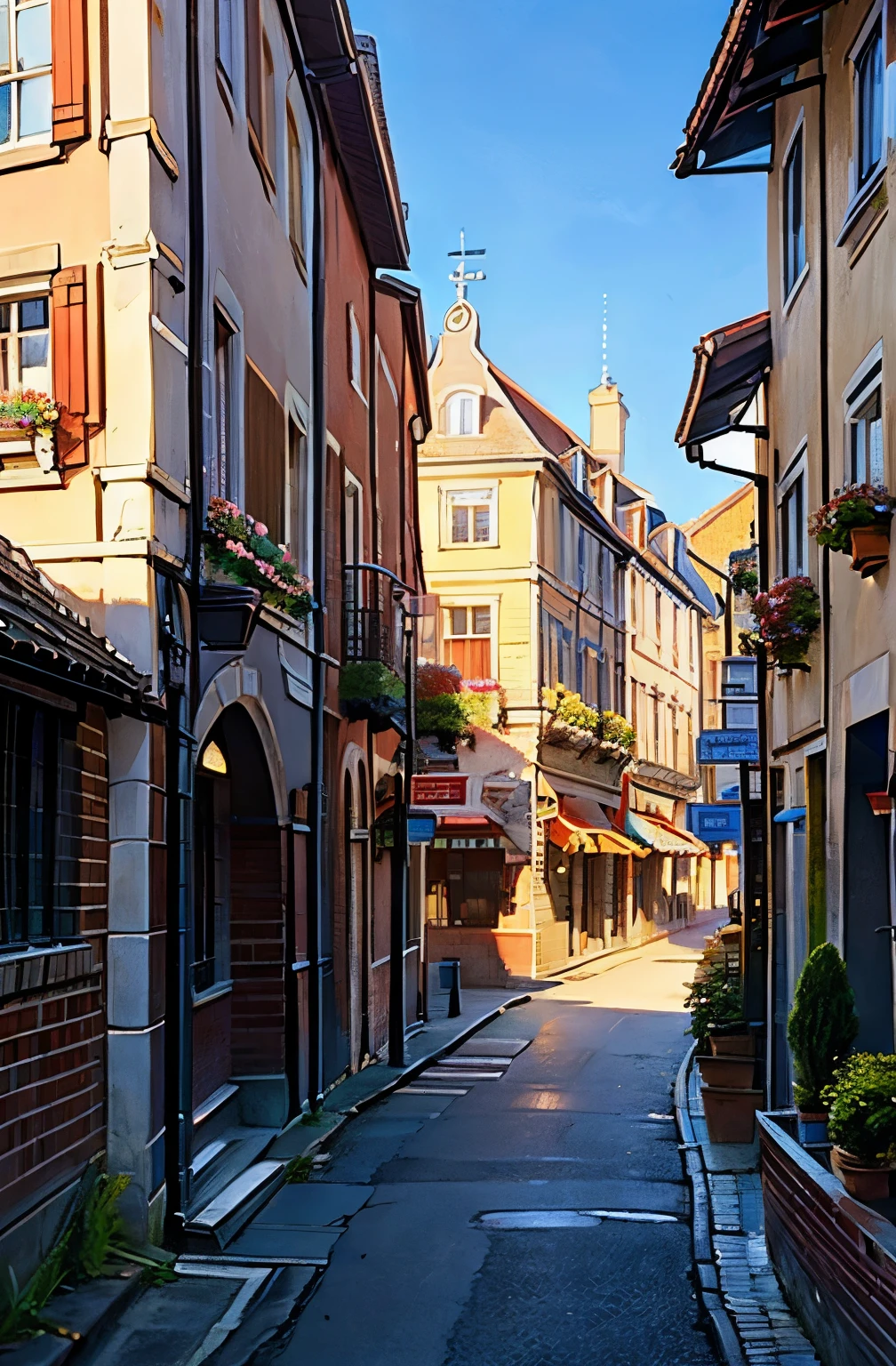 European cityscape、18th century、Old Townscape、colorful、flower、quiet、Bright light、morning、Sunlight、Brick、vivid、Wide street、Wide road、　