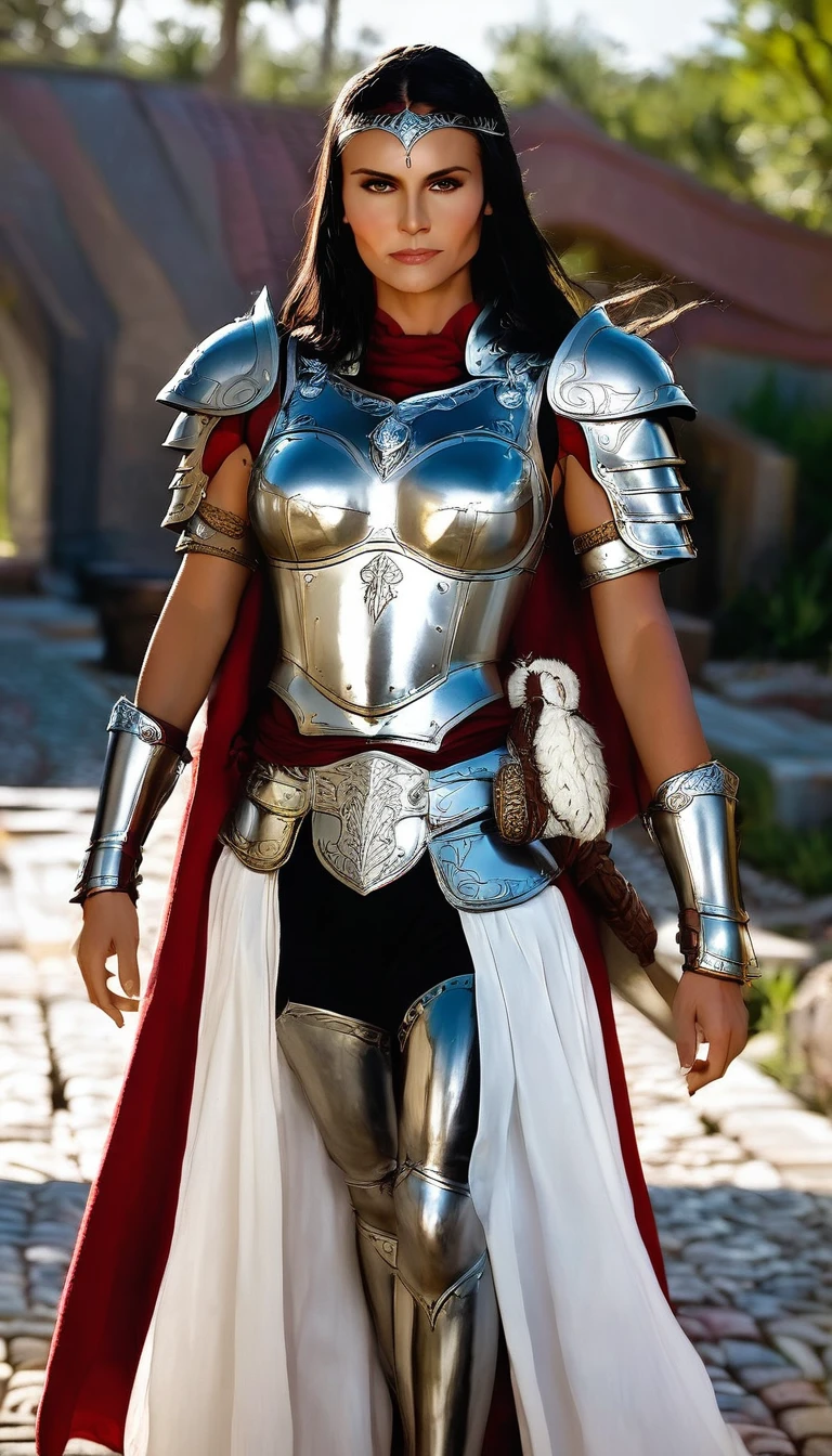 (masterpiece, top quality, best quality, official art, beautiful and aesthetic:1.2), (1girl:1.3), ((Sharp facial features, sharp features, hawkish features)), ((big hair, long black hair, ponytail)), big tiddy chaos warrior girl, extremely detailed, portrait, looking at viewer, solo, (full body:0.6), detailed background, full-body shot, (hot desert mountain theme:1.1), chaos warrior, (spiky helmet), charlatan, smirk, mysterious, swaying in mountains, armor, red metal, brass trim, long boots, dual axes, blood red fabric, pelvic curtain, loincloth, black leather, ((((cape, armor, heavy armor, blood, armored, gigantic breasts, long legs, pelvic curtain, toned, muscular)))), cute belly button, toned tummy, slim waist, slim hips, long legs, medieval (mountain exterior:1.1) background, dark mysterious lighting, shadows, magical atmosphere, dutch angle