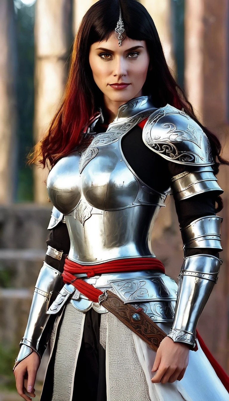 (character portrait for the game Dungeons and dragons), (female 30 years old, spellblade, high charisma), (white skin:0.8, nordic facial features, heavy black makeup, light blue eyes, blond, long, straight hair), (dark fantasy), (heavy platemail armor, gray metallic, cleavage),([dim lights], shadows in the background, red, black, yellow)