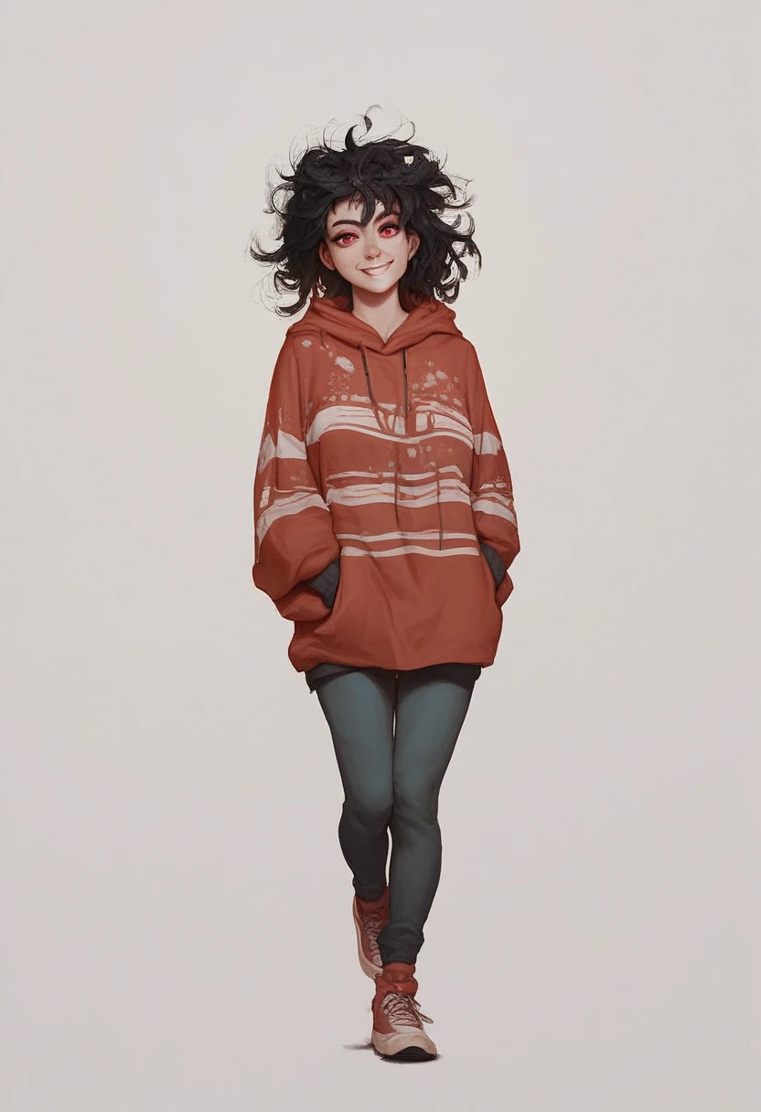 sarah_henderson, 1girl, solo, looking at viewer, smile, simple background, black hair, red eyes, white background, striped, hood, sweater, v, hoodie, messy hair, full body, source