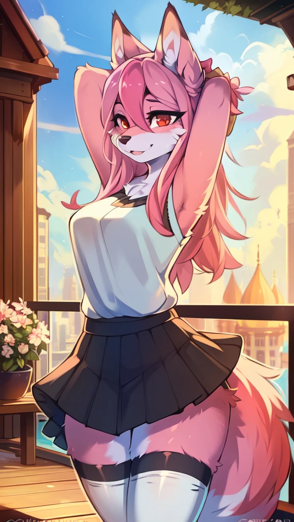 from Kenketa, Ross Tran, Ruan Jia, mumps, Foxovh, от zackary911, от Hyattlen, on a terrace, by Fumiko, от Pixelsketcher, by Bayard Wu, Thomas Benjamin Kennington, from Einshelm, from Kilina, by Coffeesoda, from Hyoshiru, from down-kevlar, от r-mk, by Dimwitdog, fluffy, Nazuna_hiwatasi, antro, Female, One, standing, mocking look, (half-closed eyes), pink hair, pink tail, (white for girls, blues skirt, high stockings), (Red eyes), olhos para trás, (enormes breasts, hips), (Fox), (hands above head), (pink body, two-tone fur), bunda para expectador, olhando para trás