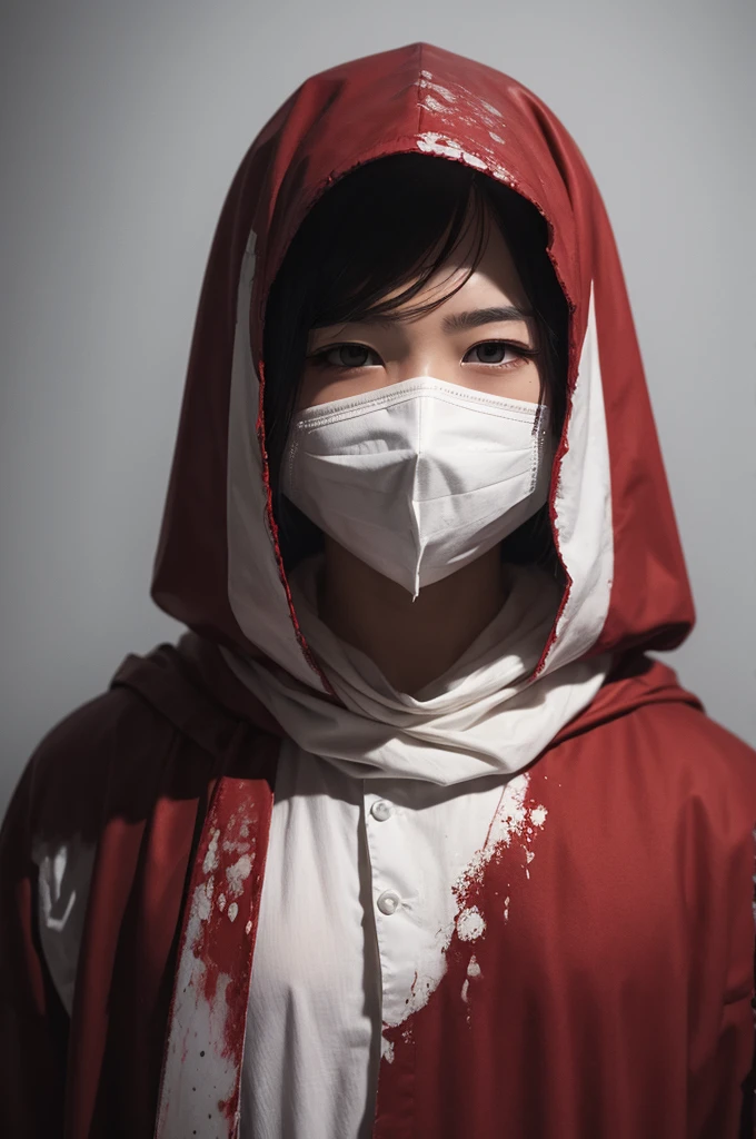 white mask stained with blood with a mist around it,realist art