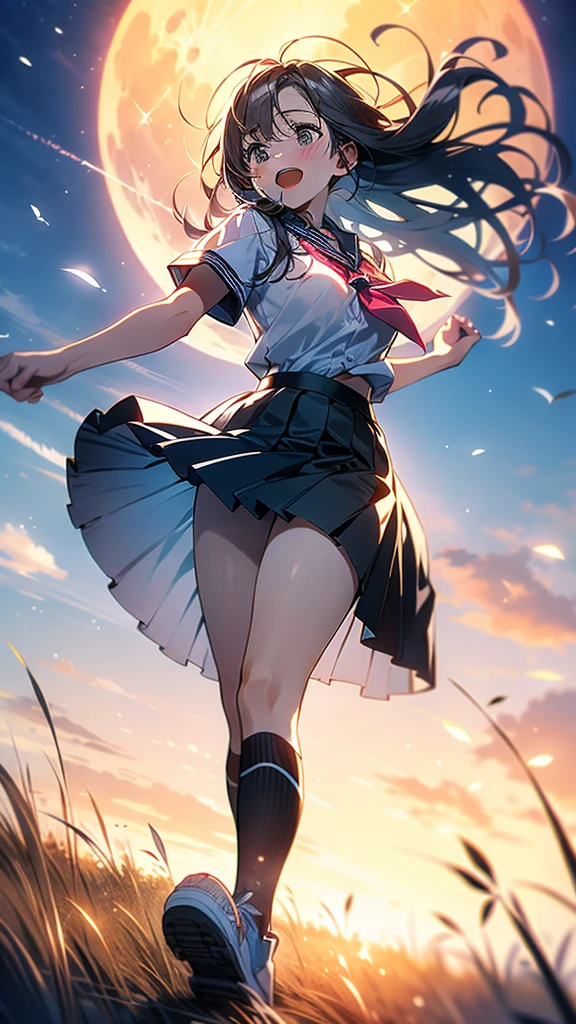 in 8K、top-quality、masterpiece、Ultra-detail、Ultra-high resolution、Anime style、1 High School Girl、Uniforms、Pampas grass steppe、fullmoon、moonlights、Check skirt、Skirt flipping in the wind、dance、A delightful、perspiring