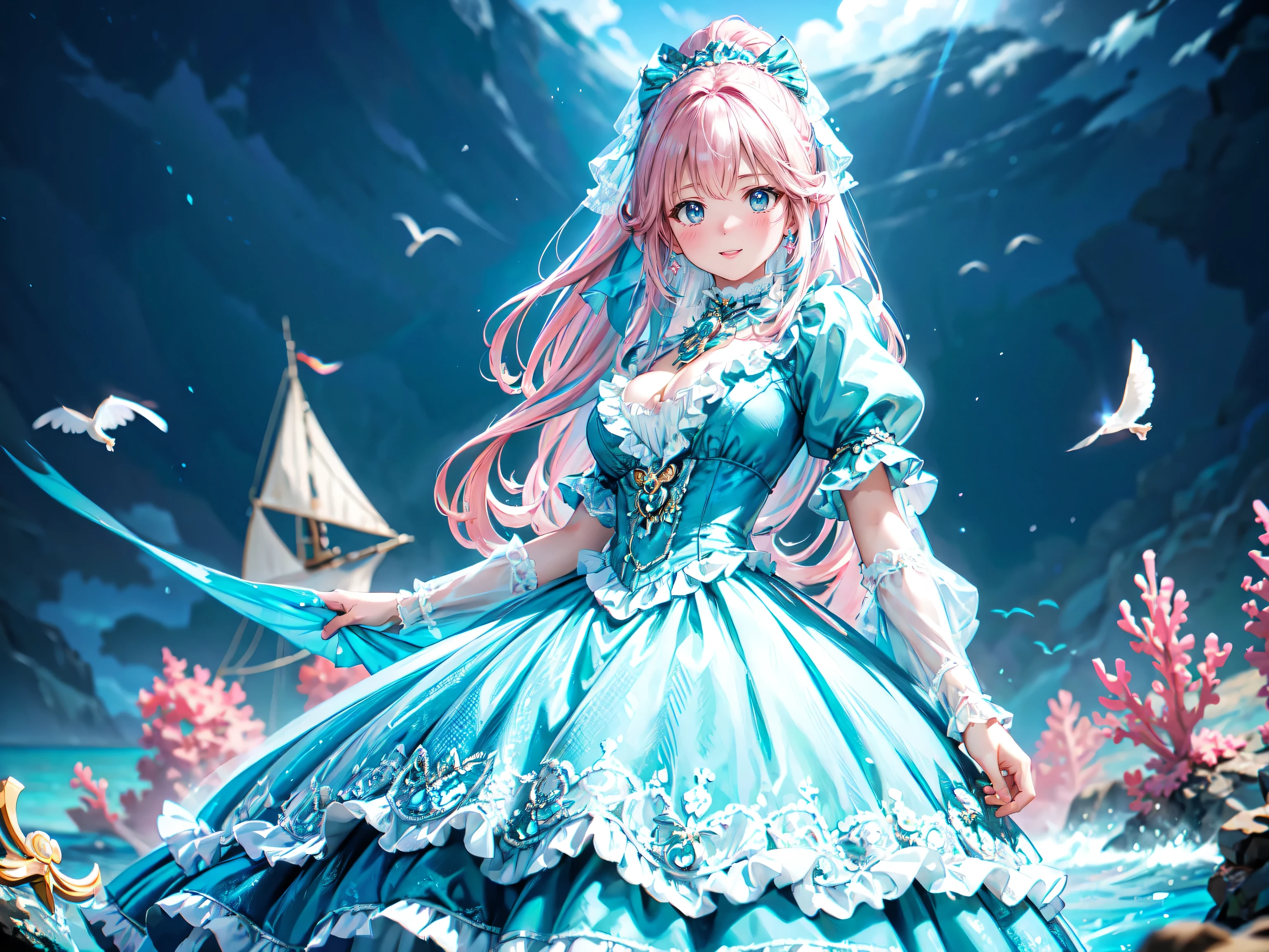 (((dress turquoise dress))), (((Unsurpassed gorgeous rococo victorian gown with voluminous hoopskirt and long hems, princess style skirt))), (gown brilliances dazzlingly glitter reflective prismatic transparency gown:1.2), (gown ultra elaborate gown:1.5), (huge breasts:1.5), ((hair pink hair)), ((ponytail fluffy long ponytail)), (Expressive hair), very voluminous and very long hair, bangs, super delicate and beautiful face, beautiful lips, (hyper detail delicate beautiful eyes blue eyes), breasts cleavage, hair ornament silver ornament, beautiful smile, (((young face, solo Captivating Adorable princess, girl, cute girl, very cute girl))), (anime moe art style1.3), (((Masterpiece, Super detail, top quality, ultra high res, Spectacular Quality, Distinguished Quality, ultra detailed, ultra high res, unity 16k, 32k, ultra photo realistic))), (dutch angle, face focus, eye focus, realistic, blurry background:1.3), (in ocean floor:1.5),