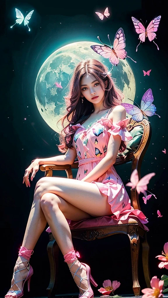 8k, ultra hd, masterpiece, 1 girl, (innocent face:1.2), very long hair, pink hair, detailed eyes, (glowing butterfly outfit:1.4), pink outfit, (glowing butterfly:1.5), glowing effect, glowing moon, (bloom:1.5), sitting on the chair,