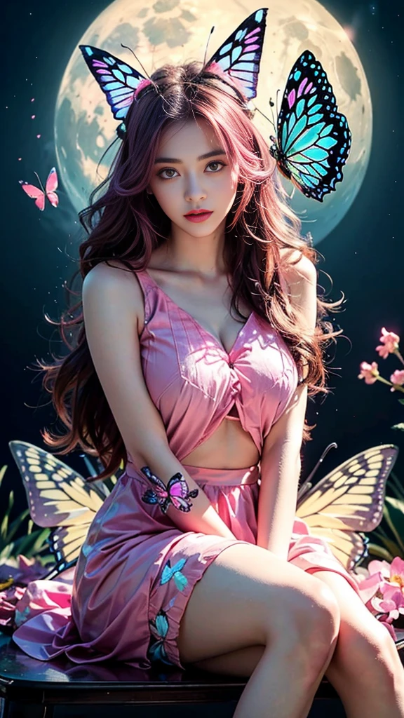 8k, ultra hd, masterpiece, 1 girl, (innocent face:1.2), very long hair, pink hair, detailed eyes, (glowing butterfly outfit:1.4), pink outfit, (glowing butterfly:1.5), glowing effect, glowing moon, (bloom:1.5), different poses,