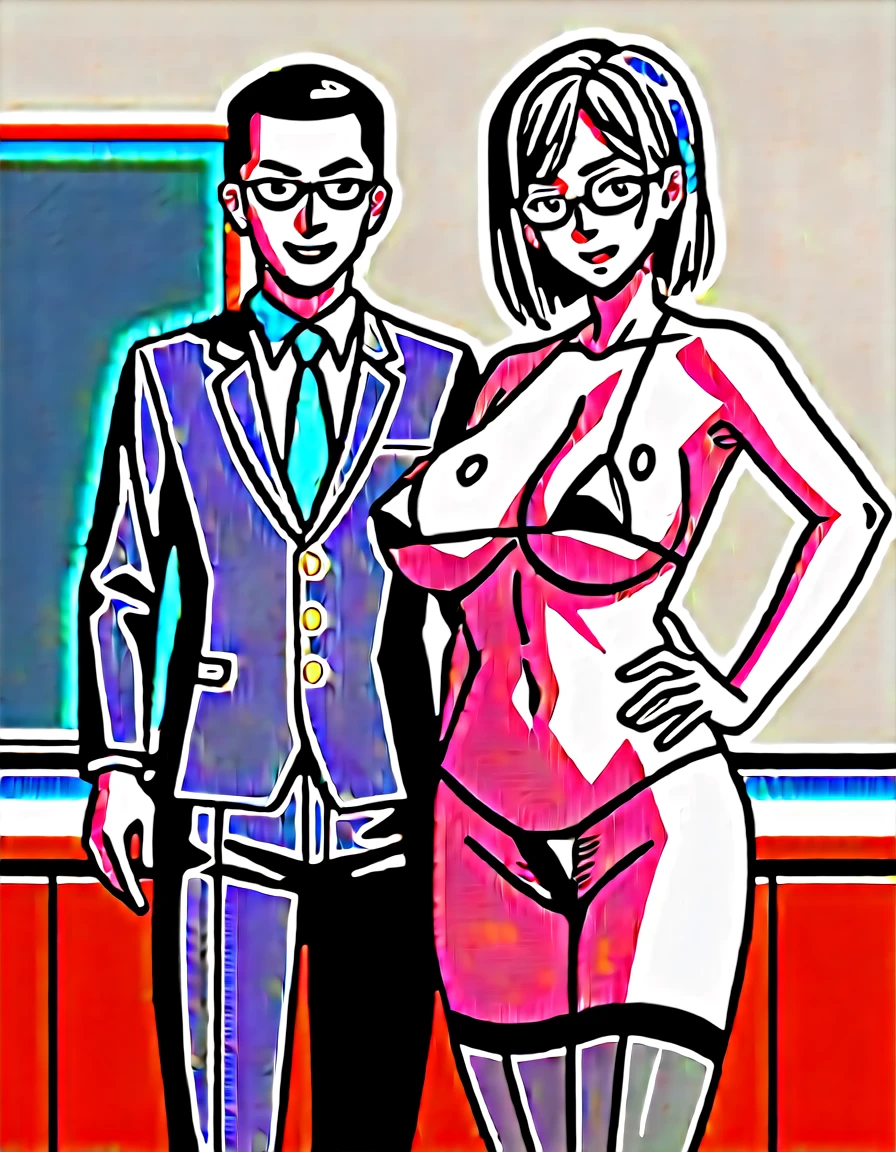 score_10, score_9, score_8_up, score_7_up, BREAK, source_anime, anime screencap, anime coloring, detailed face, a stiff-looking beautiful female teacher, detailed beautiful big brown eyes, large breasts, 36 years old, milf, black hair, skinny, One length medium bob hair, asymmetry_bangs, forehead, hair behind ear, black hairpin, Wears glasses, undersized black micro bikini, zettai ryouiki thighhighs, teaching in front of the blackboard, (holding a textbook, hand on hip), smile, shaped eyebrows, open mouth, classroom, thigh gap, unshaven hairy natural armpit hair, unshaven hairy natural public hair, takeda hiromitsu style