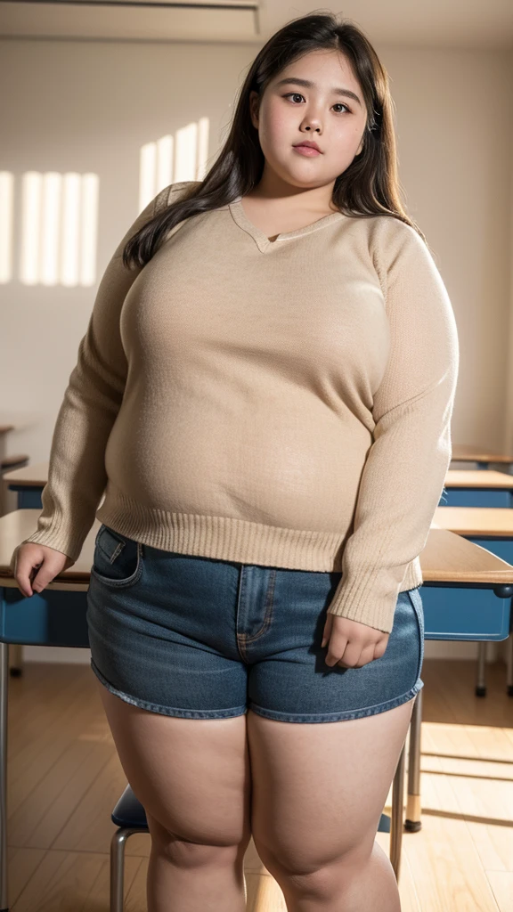 a  obese girl, chubby cheeks, round face, double chin, thick arms and legs, wearing a , standing in a school setting, realistic, detailed, highly detailed, intricate details, photorealistic, 8k, masterpiece, cinematic lighting, dramatic shadows, vibrant colors