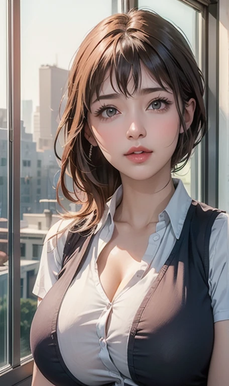 (((Full and soft breasts,)))(((Huge breasts))) (((Cleavage))) (Perfect curvy figure), 1 Girl, Mature female, Vest, bow, photo, Practical, best quality, Hiring, Delicate face, office, Buildings seen from the window, Detailed background, Scattered sunlight, Depth of Field, Bokeh