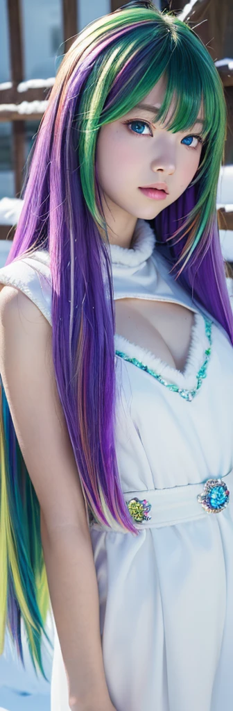 10-year-old girl、Baby Face、Classmate、whole body、(Fluffy fur clothes)、Small breasts、bangs、Long Hair、(Multicolored Hair、Purple and green hair、Crystal clear hair、Smooth Hair:1.5)、Place your hands behind your head.、The light illuminates my hair、Light Hair、Silky Hair、Shiny Hair、Slim body、RAW Photos, (Highest quality、masterpiece、Realistic photo:1.2)、Dramatic lighting、Bright lighting、Super detailed、Realistic skin texture、Beautiful eyes in every detail、Blue colored eyes、Snow is piled up、Vast Land、(Detailed Background、Depth of written boundary:1.2)、