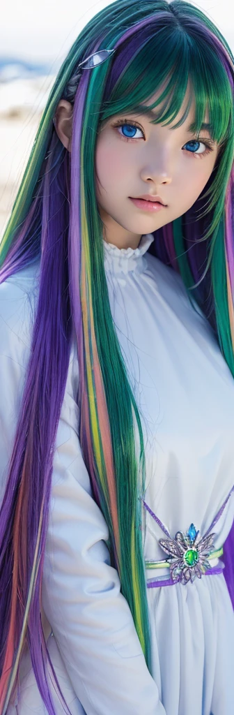 、Baby Face、Classmate、whole body、(Fluffy fur clothes)、Small breasts、bangs、Long Hair、(Multicolored Hair、Purple and green hair、Crystal clear hair、Smooth Hair:1.5)、Place your hands behind your head.、The light illuminates my hair、Light Hair、Silky Hair、Shiny Hair、Slim body、RAW Photos, (Highest quality、masterpiece、Realistic photo:1.2)、Dramatic lighting、Bright lighting、Super detailed、Realistic skin texture、Beautiful eyes in every detail、Blue colored eyes、Snow is piled up、Vast Land、(Detailed Background、Depth of written boundary:1.2)、