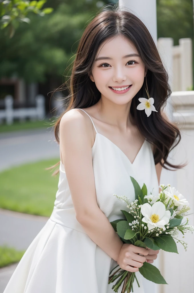 Girl with flowers in hand,With a smile, With flowers, Gveiz, She expressed her joy, Beautiful and smiling, Laugh gently, Cute smile, 美しいWith a smile, Middle Metaverse, Jan J, Happy and cheerful expression, And she laughs,very happy, Gveiz-style artwork、White flower、White Dress