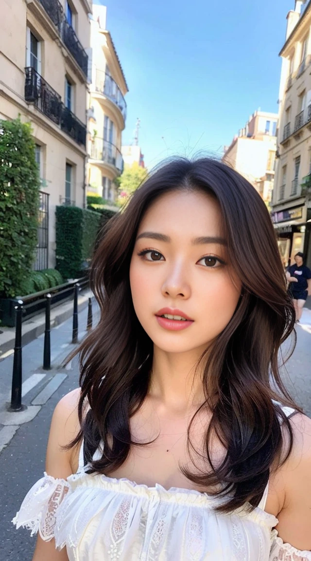 Dark brown hair、Light brown eyes、Japanese actress、 Lady、I am about 40 years old...........、(Intricate details:1.2)、 (Ultra-high resolution:1.2)、Ultra-high resolution、(Finely tuned)、(Detailed facial features)、Hmph、8K resolution、D cup size breasts、Long Hair、white　TulleTop、FrillsTop、Tulle　Frills　Top、Denim pants、Basking in the sunshine、summer、hot、Trending Fashion、2024、Open your chin a little、Open your mouth a little、A fashionable street in Paris、Holding back my hair blowing in the wind、Windblown Hair、