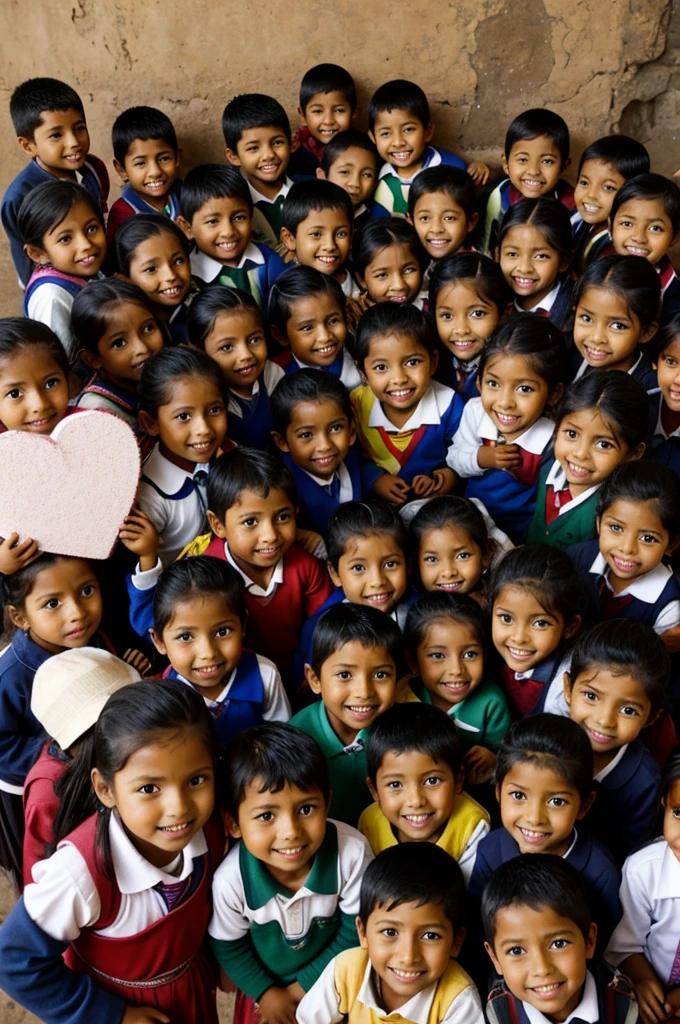 A big heart surrounded by people of different ages and cultures at the 4 to 10 year old school in Bolivia