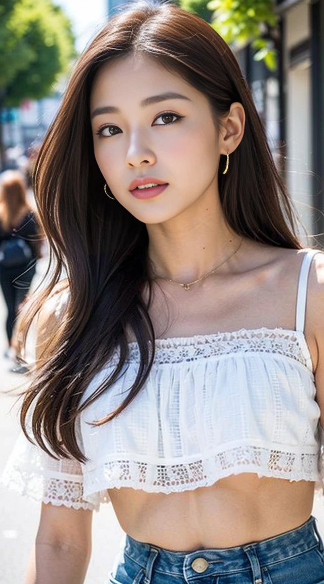 Dark brown hair、Light brown eyes、Japanese actress、 Lady、I am about 40 years old...........、(Intricate details:1.2)、 (Ultra-high resolution:1.2)、Ultra-high resolution、(Finely tuned)、(Detailed facial features)、Hmph、8K resolution、D cup size breasts、Long Hair、white　TulleTop、FrillsTop、Tulle　Frills　Top、Denim pants、Basking in the sunshine、summer、hot、Trending Fashion、2024、Open your chin a little、Open your mouth a little、A fashionable street in Paris、Holding back my hair blowing in the wind、Windblown Hair、