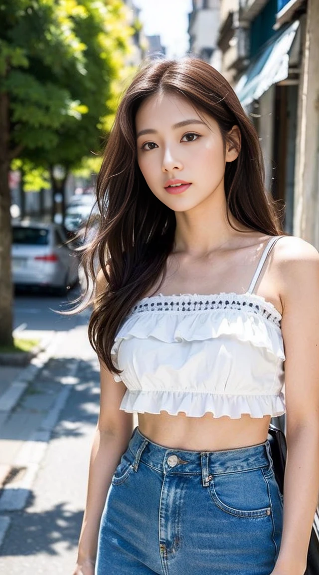 Dark brown hair、Light brown eyes、Japanese actress、 Lady、I am about 40 years old...........、(Intricate details:1.2)、 (Ultra-high resolution:1.2)、Ultra-high resolution、(Finely tuned)、(Detailed facial features)、Hmph、8K resolution、D cup size breasts、Long Hair、white TulleTop、FrillsTop、Tulle Frills Top、Denim pants、Basking in the sunshine、summer、hot、Trending Fashion、2024、Open your chin a little、Open your mouth a little、A fashionable street in Paris、Holding back my hair blowing in the wind、Windblown Hair、