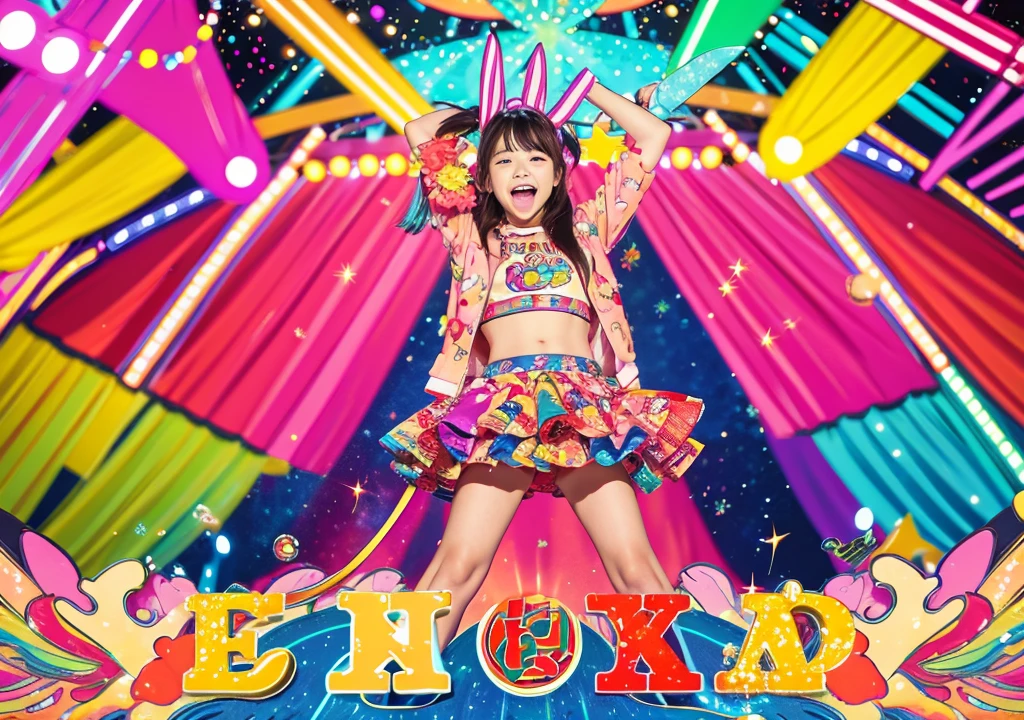 Karaoke distribution thumbnail。In a bright and fun atmosphere、Background is colorful music notes and microphone、Decorated with speakers。In the center is a picture of the streamer singing with a microphone.、The surrounding area shows the audience cheering them on.。The streamer has a smiling and energetic expression.、With pop font「Karaoke Live!」It is written in large letters as。Use vivid colors and create a visually appealing design.。