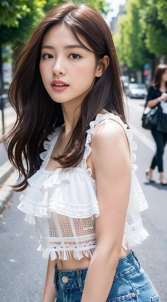 Dark brown hair、Light brown eyes、Japanese actress、 Lady、I am about 40 years old...........、(Intricate details:1.2)、 (Ultra-high resolution:1.2)、Ultra-high resolution、(Finely tuned)、(Detailed facial features)、Hmph、8K resolution、D cup size breasts、Long Hair、white TulleTop、FrillsTop、Tulle Frills Top、Denim pants、Basking in the sunshine、summer、hot、Trending Fashion、2024、Open your chin a little、Open your mouth a little、A fashionable street in Paris、Holding back my hair blowing in the wind、Windblown Hair、