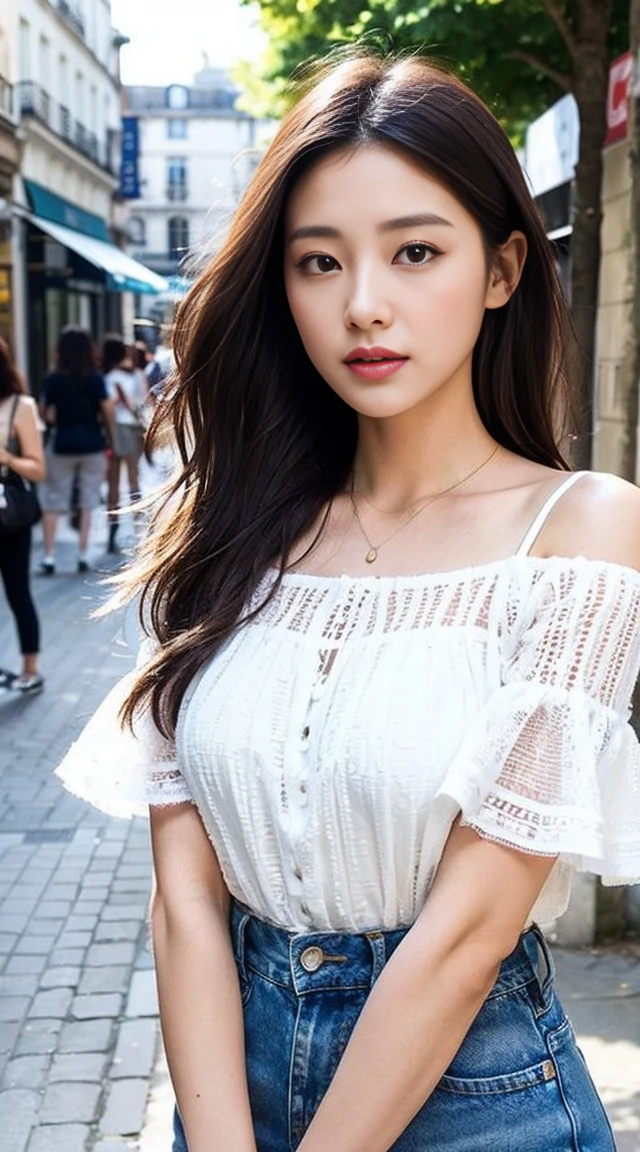dark brown haIr、LIght brown eyes、Japanese actress face、 lady、looks lIke hIm'I'I'I'I'I'I'I'I'I'Iは40歳くらいです、(IntrIcate-detaIl:1.2)、(top-qualIty:1.4)、 (超A hIgh resolutIon:1.2)、超A hIgh resolutIon、(A detaIled eye)、(detaIled facIal features)、nffsw、8K resolutIon、D cup breasts、long hair、white clothes、Relaxed expression、A weak expression、Terrace cafe on the street with a flower shop、, flowers, a bustling magical town, Mediterranean fisherman's village, Mediterranean cities, I am sitting comfortably leaning on a sofa in a cafe.、beautiful legs、Scenery of magenta flowers in full bloom、