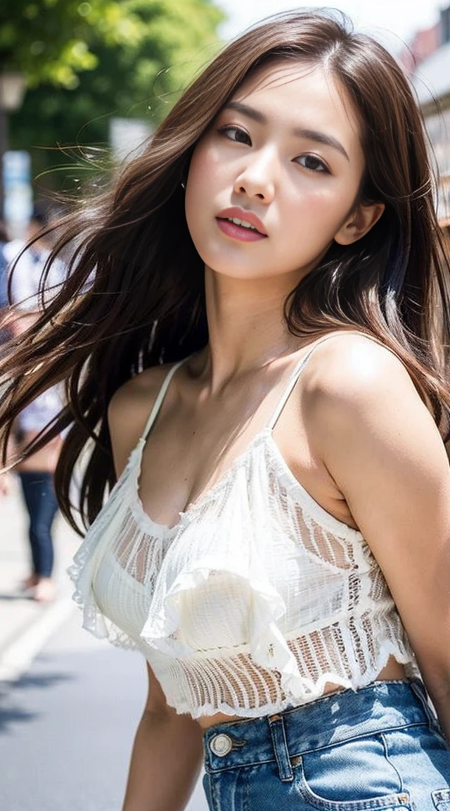 Dark brown hair、Light brown eyes、Japanese actress、 Lady、I am about 40 years old...........、(Intricate details:1.2)、 (Ultra-high resolution:1.2)、Ultra-high resolution、(Finely tuned)、(Detailed facial features)、Hmph、8K resolution、D cup size breasts、Long Hair、white　TulleTop、FrillsTop、Tulle　Frills　Top、Denim pants、Basking in the sunshine、summer、hot、Trending Fashion、2024、Open your chin a little、Open your mouth a little、A fashionable street in Paris、Holding back my hair blowing in the wind、Windblown Hair、