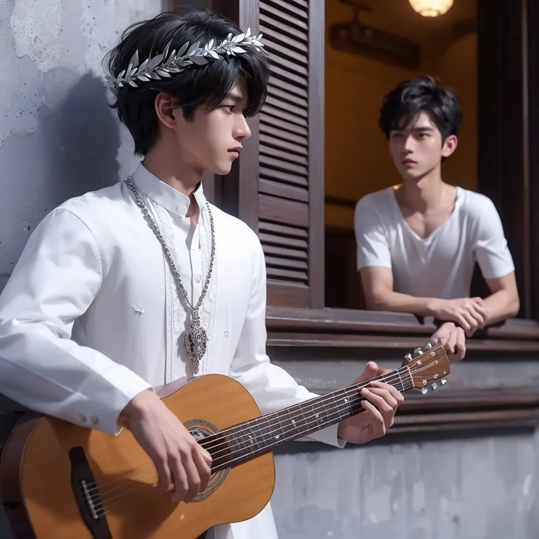 Handsome boys, black hair, brown eyes, wearing white barong tagalog, wearing silver laurel wreath on his head, holding a guitar