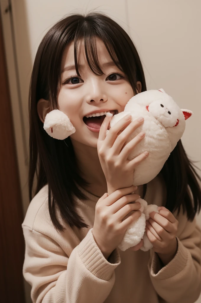 1girl, Japanese idol girl hold a colorful staffed animal, medium breast, happy, smile, girl's room, girl's clothes, close up, view from above,
8k, RAW, natural skin, detailed skin, (skindentation:0.3), depth of field