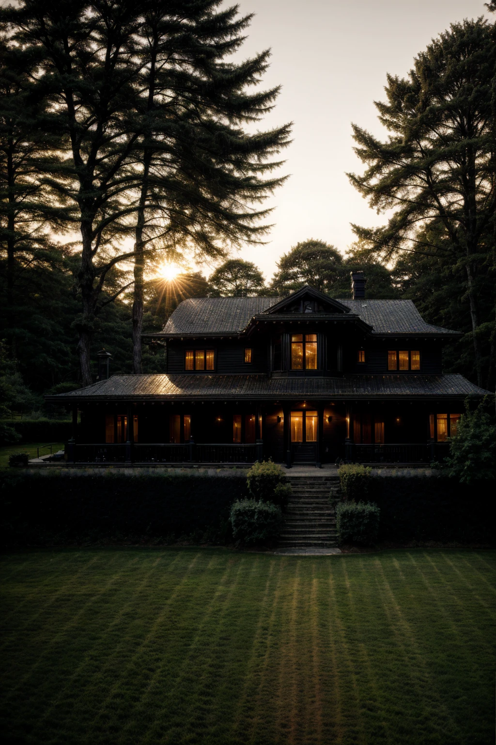 Dark Luxury House on a Hill,  realistic, Sun goes Down, Perfect House