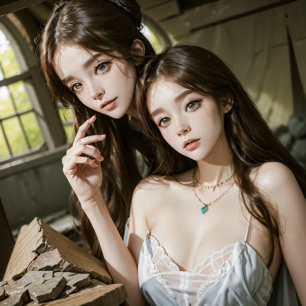 (msterpiece:1.3), (8k, RAW photo, best quality: 1.4), beautiful face, beautiful hairstyle, beautiful detailed eyes, beautiful skin, absurdres, attractive, ultra high res, highly detailed,NSFW, 3 girls in abandoned underground basement, big breast,facial close up,necklace,arms behind back,evil smile,knife,light long hair, ultra detailed skin,Heavy makeup, flower hairpin, naked,colorful patterned lace dress, dirty ground,on a rock,bondage,dirty rock,half body,