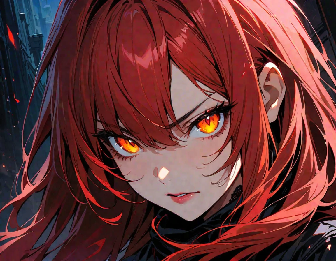 Long red hair, yellow eyes, evil, sexy, black and red clothes, cute hairstyle, evil face, evil, serious look, black face mask, gloss lips, sinister, front look, bloody, gloves, close up, portrait, beautiful eyes, short dress, big white, dark place, night, sensual, straight hair cut, clear skin, evil, young 30 years girl, adult girl, solo, red, very long hair, ankle length hair, handsome older WOMAN,crimson-eyes,crimson pupils,Long red hair,Hyperresolution,accuracy,Detailed rendering,(Subtle facial image)(Image of fine hair)(topquality)(Masterpieces of masters)(High degree of completeness)(A sense of atmosphere)tmasterpiece,Super detailed and super detailed(half-body portrait)