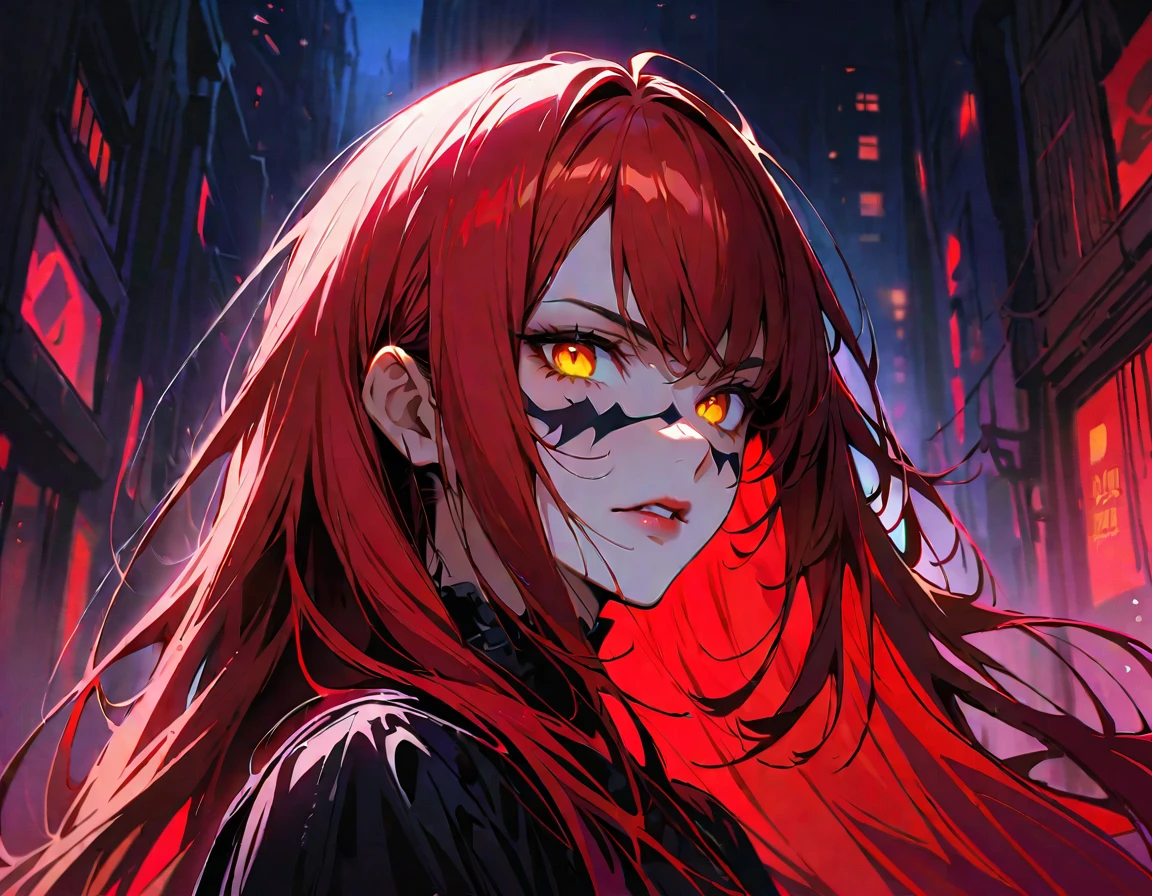 Long red hair, yellow eyes, evil, sexy, black and red clothes, cute hairstyle, evil face, evil, serious look, black face mask, gloss lips, sinister, front look, bloody, gloves, close up, portrait, beautiful eyes, short dress, big white, dark place, night, sensual, straight hair cut, clear skin, evil, young 30 years girl, adult girl, solo, red, very long hair, ankle length hair, handsome older WOMAN,crimson-eyes,crimson pupils,Long red hair,Hyperresolution,accuracy,Detailed rendering,(Subtle facial image)(Image of fine hair)(topquality)(Masterpieces of masters)(High degree of completeness)(A sense of atmosphere)tmasterpiece,Super detailed and super detailed(half-body portrait)